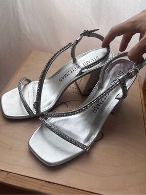 Stuart Weitzman Soirée Crystal Silver Strappy Low Block Heels